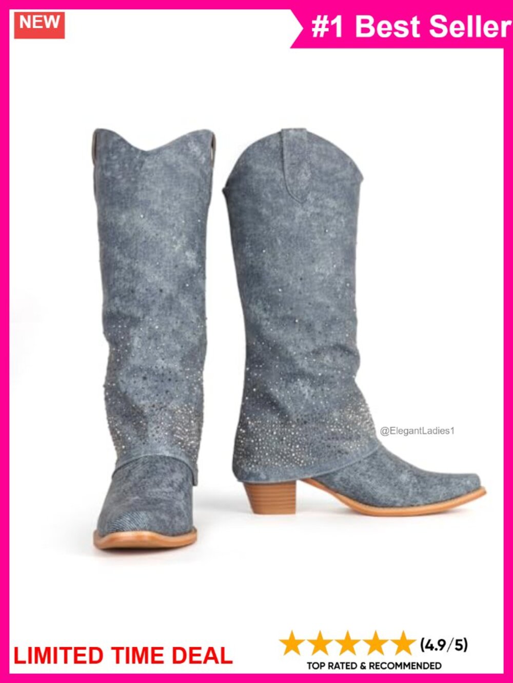 Rhinestone Denim-Like Knee High Cowboy Boots Pointed Toe Chunky Heel
